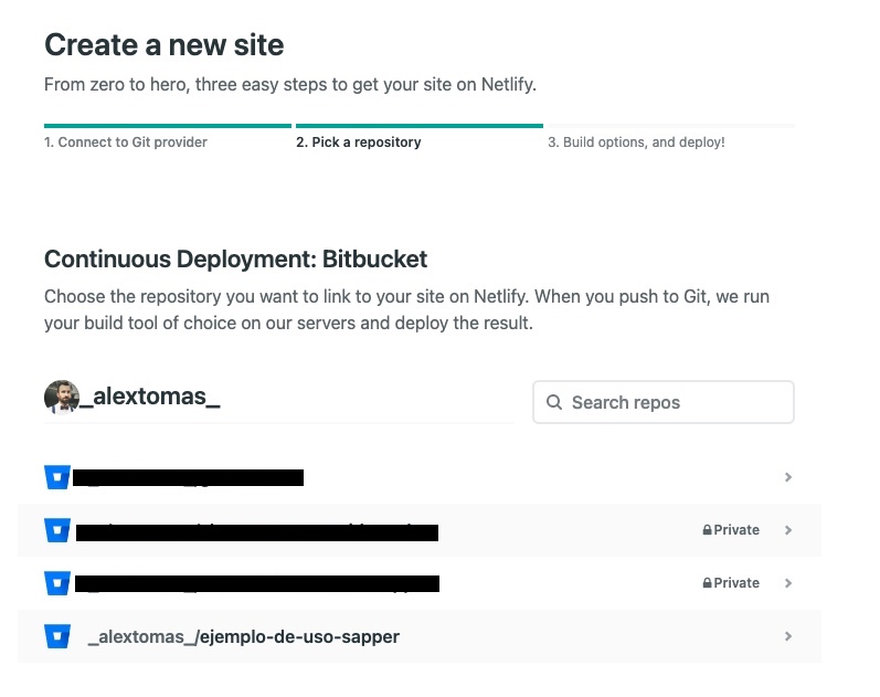 Seleccionamos repositorio para CI en Netlify